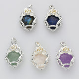 Unique Silver Plated Rose Flower Oval Gemtone Pendant, Polished Egg Stone Pendant, Healing Crystal Jewelry WX2228