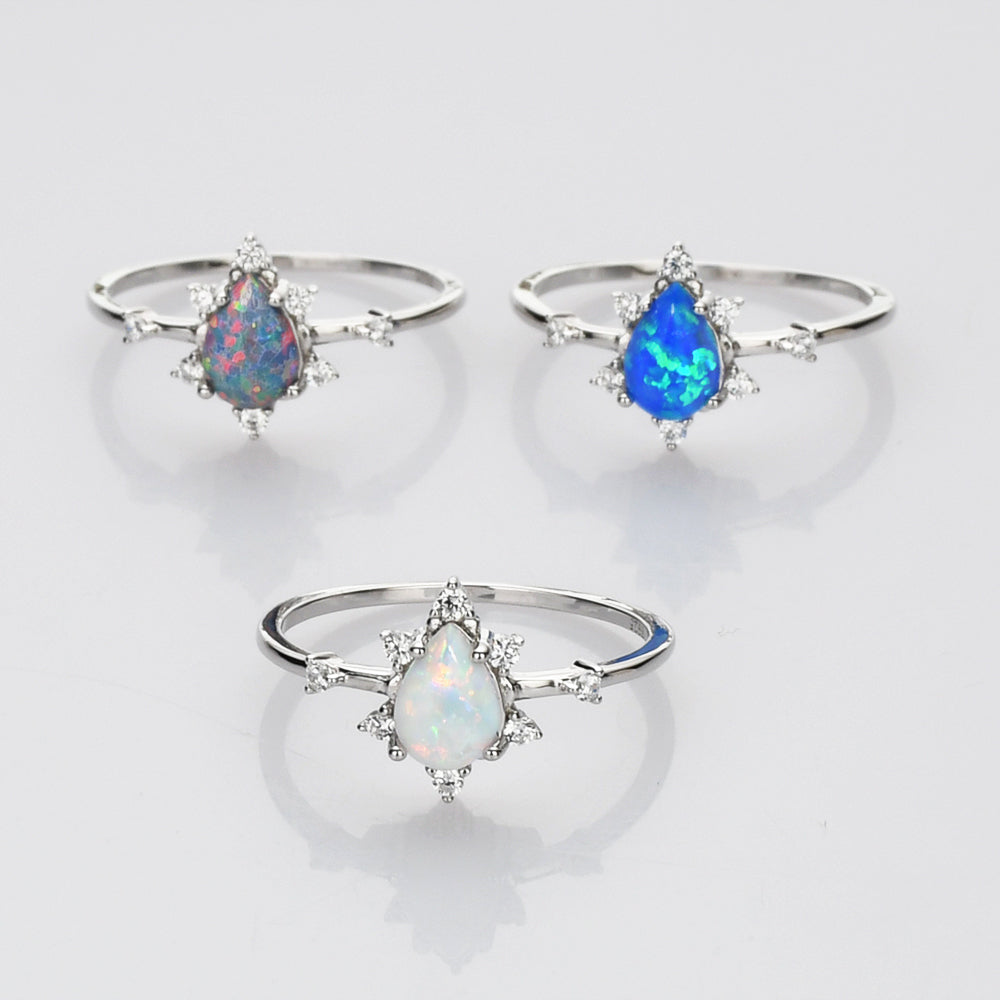 925 Sterling Silver Teardrop Opal Statement Rings, CZ Micro Pave Jewelry SS266