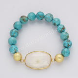 Gold Plated White Solar Quartz Bracelet, 10mm Blue Howlite Turquoise Beads, Handmade Boho Jewelry AL750