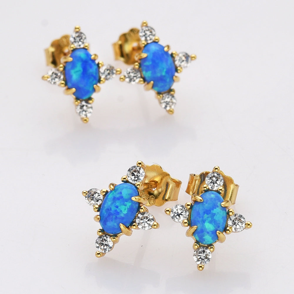 Gold Plated Sterling Silver Oval Blue Opal Stud Earrings, CZ Pave, Gemstone Earrings Jewelry SS289-2
