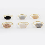 Hexagon Gold Claw Natural Titanium Druzy Ring, Agate Drusy Gemstone Ring, Boho Jewelry ZG0319