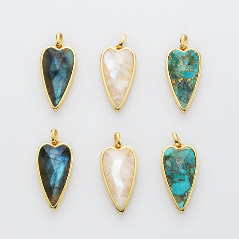 Long Heart Gold Faceted Gemstone Pendants, Moonstone Labradorite Copper Turquoise Pendant Jewelry Making ZG0507