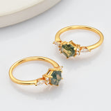 Gold White Diamond Hexagon Natural Moss Agate Faceted Ring, Sterling Silver Ring Jewelry SS276-1