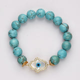 Gold CZ White Shell Evil Eye Hamsa Palm Stretch Bracelet, 10mm Blue Howlite Turquoise Beads, Boho Jewelry AL729