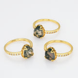 925 Sterling Silver Gold Drop Natural Moss Agate Ring, CZ Micro Pave SS267RG