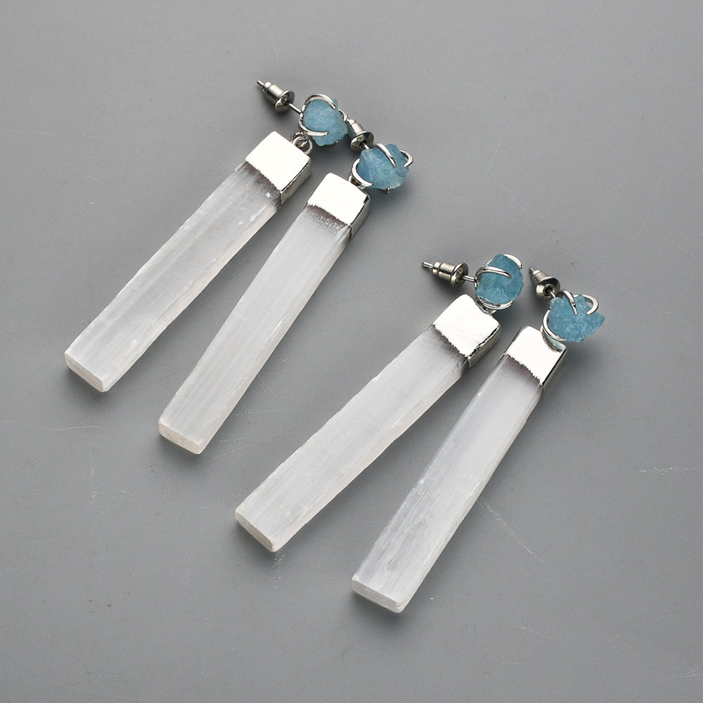 Silver Plated Claw Raw Crystal Chips & Selenite Bar Stud Earrings, Healing Gemstone Jewelry, Boho Stone Earrings ZS0491