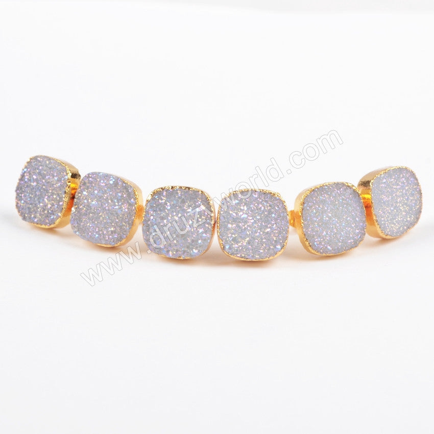 Square 12mm Natural Titanium AB White Druzy Stud Earrings Gold Plated Jewelry G0880