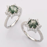 925 Sterling Silver Hexagon Natural Moss Agate Ring, Zircon Ring, Fashion Jewelry SS291RS