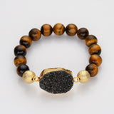 Gold Blue/Black Titanium Druzy & 10mm Tiger's Eye Beads Stretch Bracelet, Handmade Boho Jewelry AL677