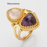 Unique Triangle Amethyst & Teardrop Gemstone Ring, Gold Plated, Faceted Stone Ring, Adjustable, Crystal Jewelry WX2231