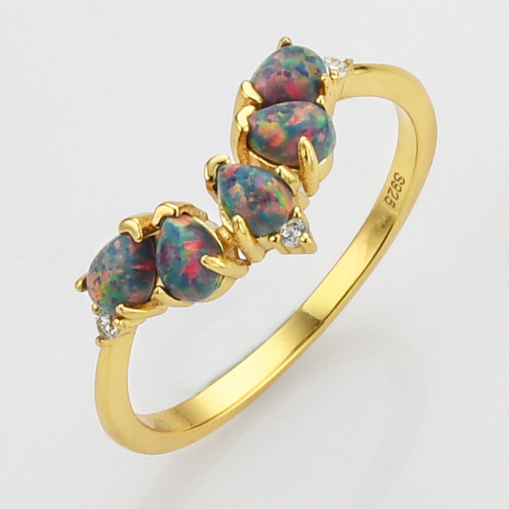 Gold Drop Mulitple Black Opal Ring, Sterling Silver Ring, CZ Pave, Fashion Jewelry SS273-1