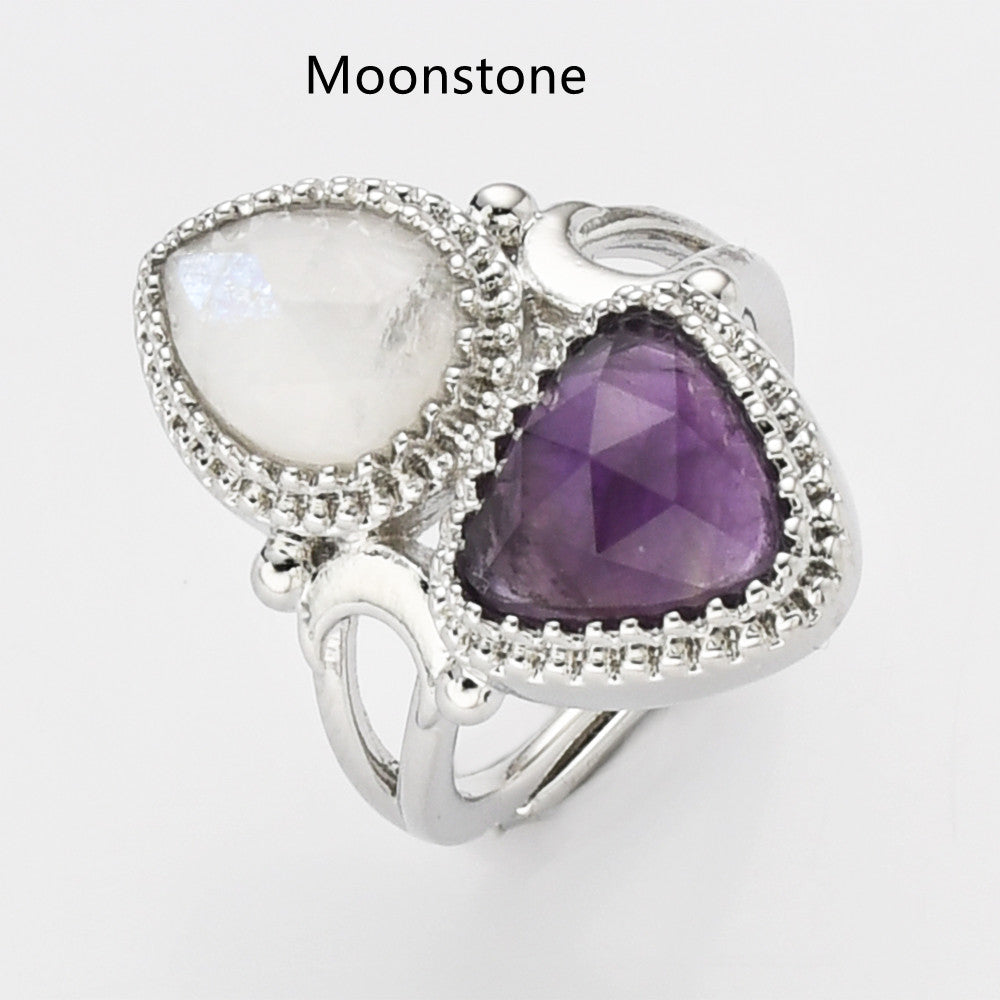 Moonstone Ring, Unique Triangle Amethyst & Teardrop Gemstone Ring, Silver Plated, Faceted Stone Ring, Adjustable, Crystal Jewelry WX2234