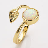 Gold Plated Leaf Round Gemstone Faceted Adjustable Rings, Natural Crystals Rings ZG0533