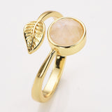 Gold Plated Leaf Round Gemstone Faceted Adjustable Rings, Natural Crystals Rings ZG0533