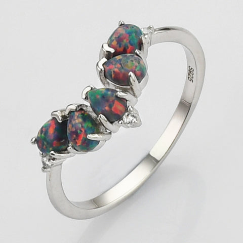 925 Sterling Silver Drop Black Opal Ring, CZ Pave Fashion Jewelry SS273-4