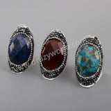 Rhinestone Pave Black Agate Moonstone Faceted Silver Band Ring Boho Jewelry For Women JAB981-2