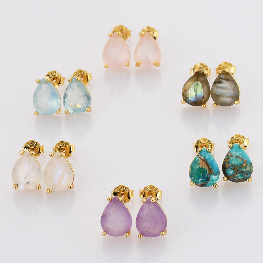 Gold Claw Teardrop Aquamarine Stud Earrings, Faceted Gemstone Crystal Post Earring, Birthstone Jewelry SS247-1