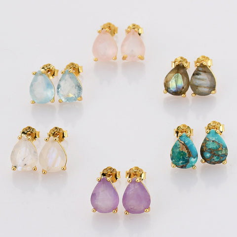Tiny Gold Claw Teardrop Aquamarine Stud Earrings, Faceted Gemstone Crystal Post Earring, Birthstone Jewelry SS247-1