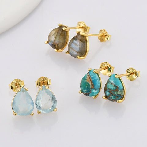 Tiny Gold Claw Teardrop Aquamarine Stud Earrings, Faceted Gemstone Crystal Post Earring, Birthstone Jewelry SS328-G