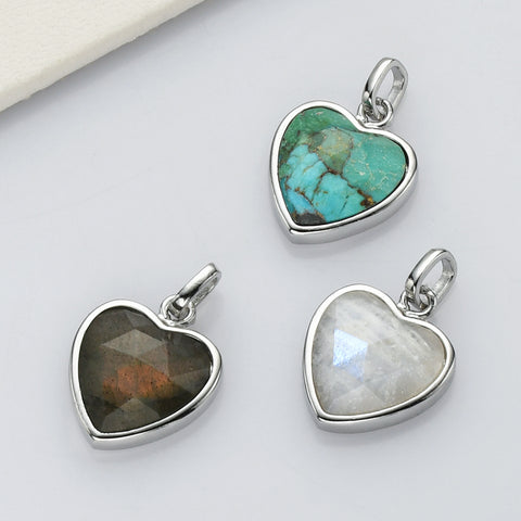 Silver Plated Gemstone Heart Pendants, Moonstone Labradorite Copper Turquoise Jewelry Pendant ZS0506
