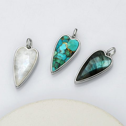 Long Heart Silver Gemstone Pendants, Faceted Moonstone Labradorite Copper Turquoise, Making Jewelry Pendant ZS0507