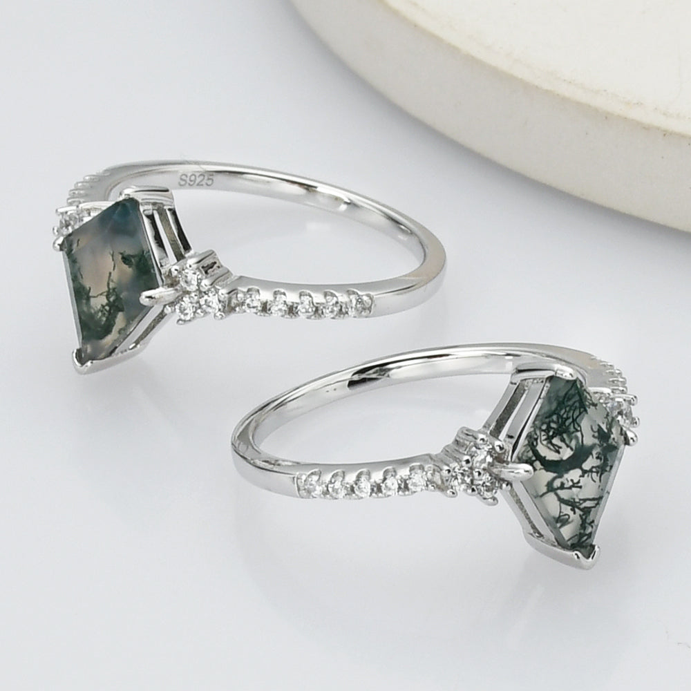 925 Sterling Silver Diamond Natural Moss Agate Statement Ring, CZ Micro Pave Ring SS269-2