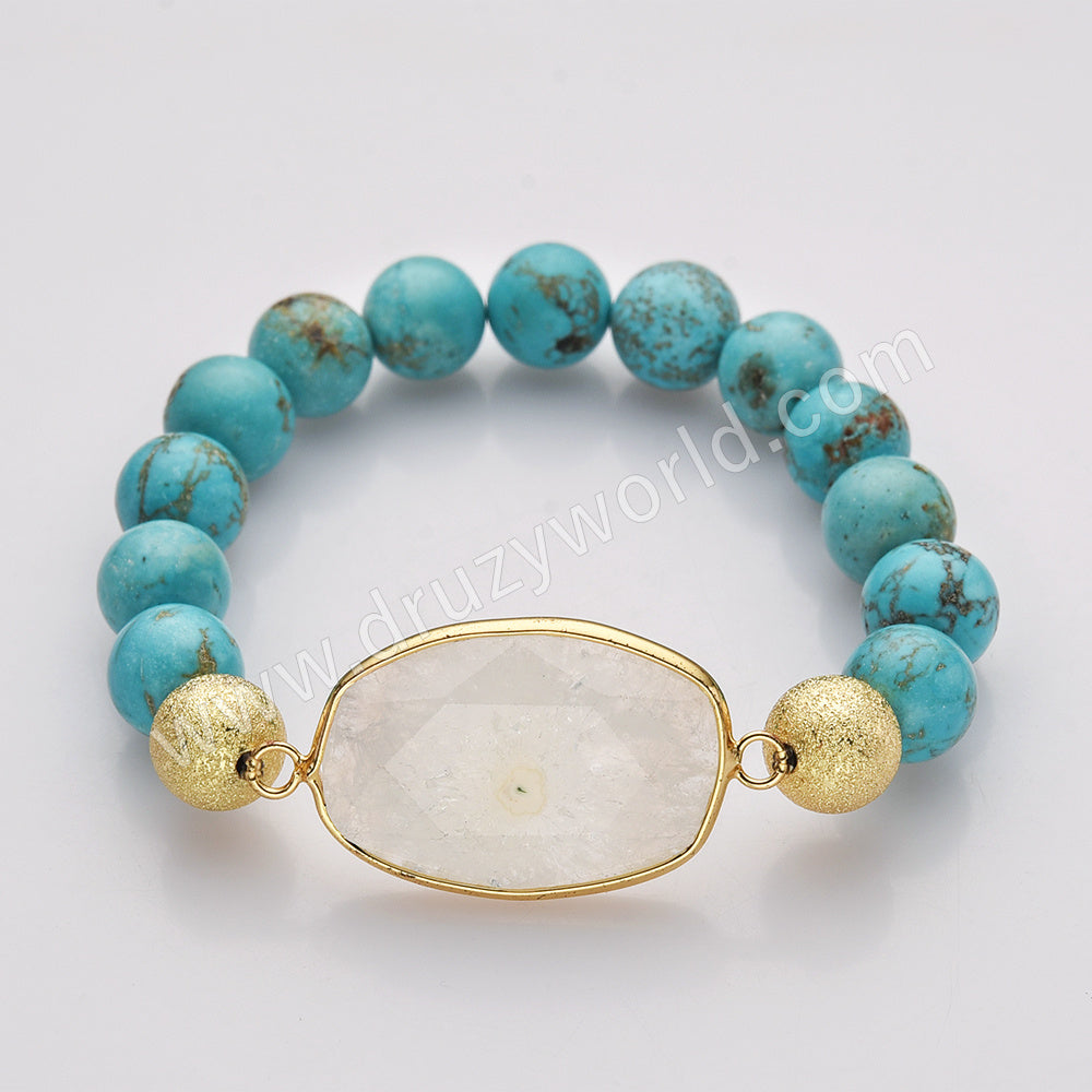 Gold Plated White Solar Quartz Bracelet, 10mm Blue Howlite Turquoise Beads, Handmade Boho Jewelry AL750