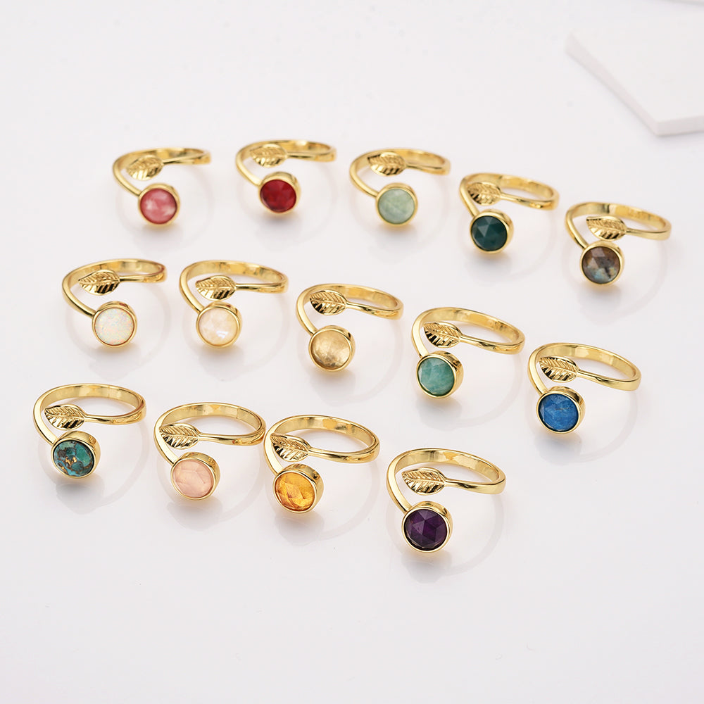 Gold Plated Leaf Round Gemstone Faceted Rings, Adjustable Size, Natural Crystals Rings ZG0533