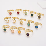 Gold Plated Leaf Round Gemstone Faceted Adjustable Rings, Natural Crystals Rings ZG0533