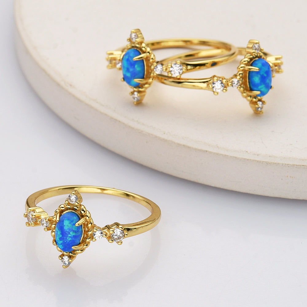 Gold Plated Oval Blue Opal Ring, 925 Sterling Silver, CZ Jewelry Ring SS287-2