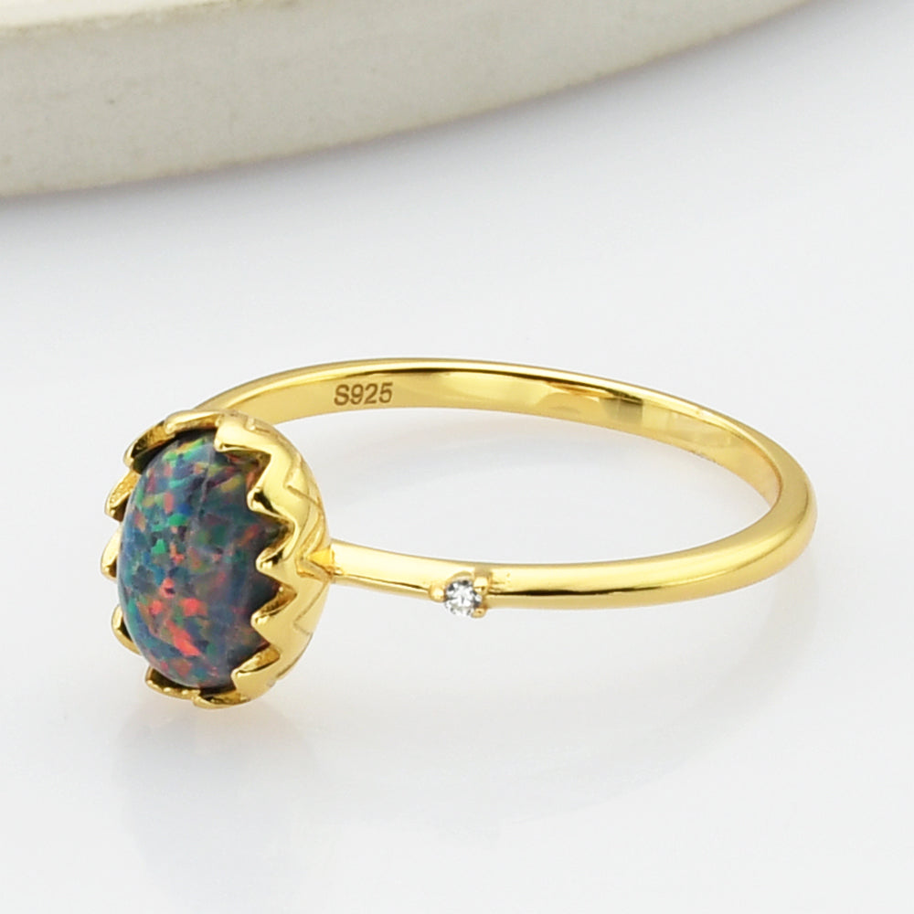 Gold Oval Black Opal Ring, Sterling Silver Ring, CZ Pave, Fashion Jewelry SS273-2