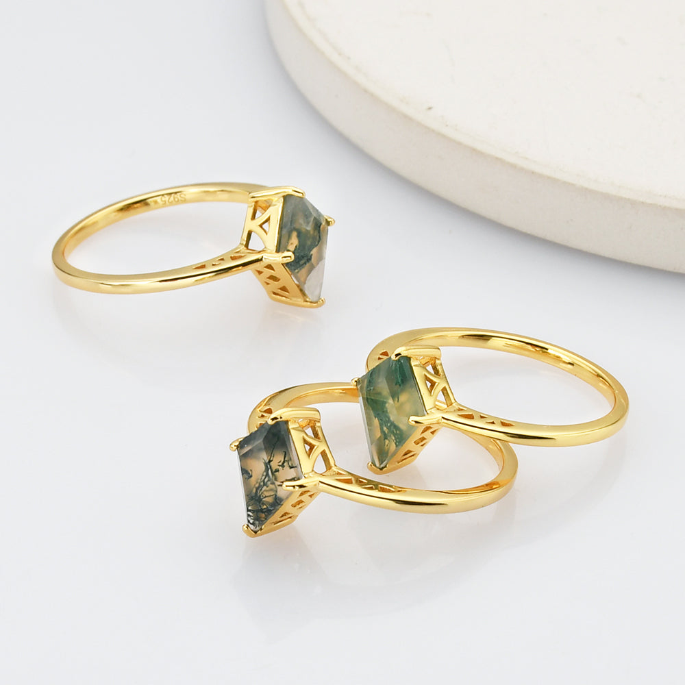 Gold Diamond Natural Moss Agate Ring, Sterling Silver Gemstone Ring Jewelry SS270-1