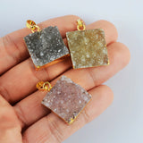 16“ Natural Agate Druzy Square Pendant Necklace, Gold Plated Raw Crystals Healing Jewelry G2022-N