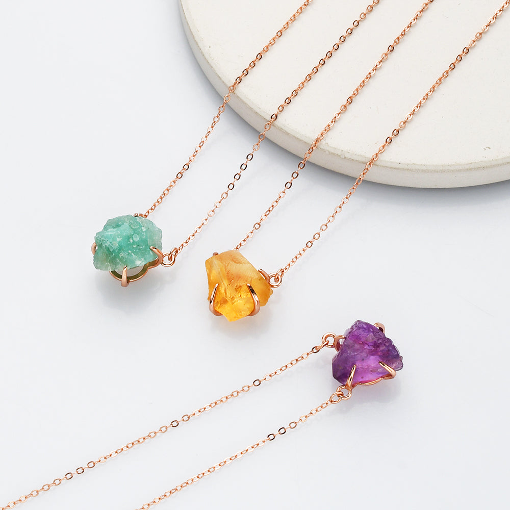 raw amazonite, citrine, amethyts necklace, rose gold sterling silver necklace, birthstone necklace, healing gemstone necklace, crystal quartz jewelry, gift for women