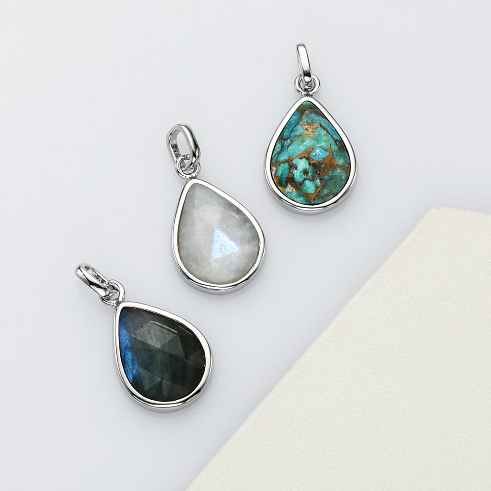 Teardrop Silver Plated Gemstone Pendant, Pear Faceted Crystal Stone Charm, Making Jewelry Craft ZS0508