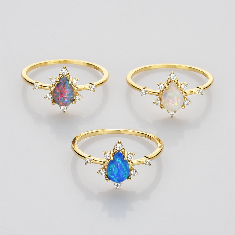 925 Sterling Silver Claw Opal Ring in Gold Plated, CZ Micro Pave, Teardrop Fire Opal Jewelry SS264