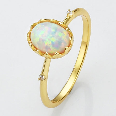Gold Oval White Opal Ring, 925 Sterling Silver Ring, CZ Pave Jewelry Ring SS272-2