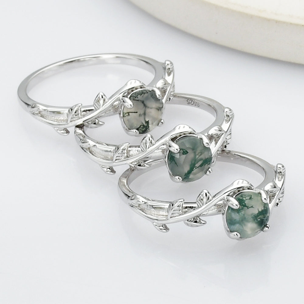 925 Sterling Silver Round Natural Moss Agate Statement Ring, Silver Leaf Ring SS268-2