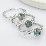 925 Sterling Silver Round Natural Moss Agate CZ Leaf Ring SS268-2