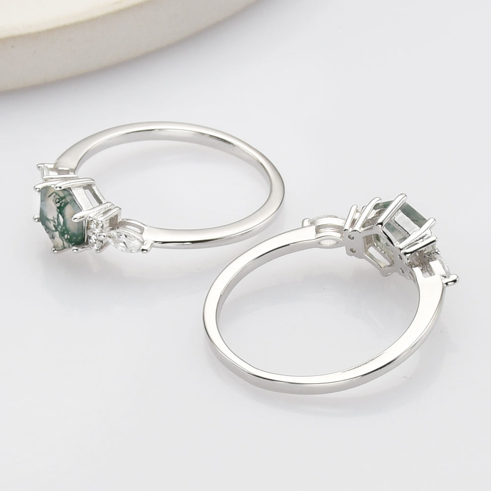 Sterling Silver White Diamond Hexagon Natural Moss Agate Faceted Ring, Fashion Gemstone Jewelry SS277