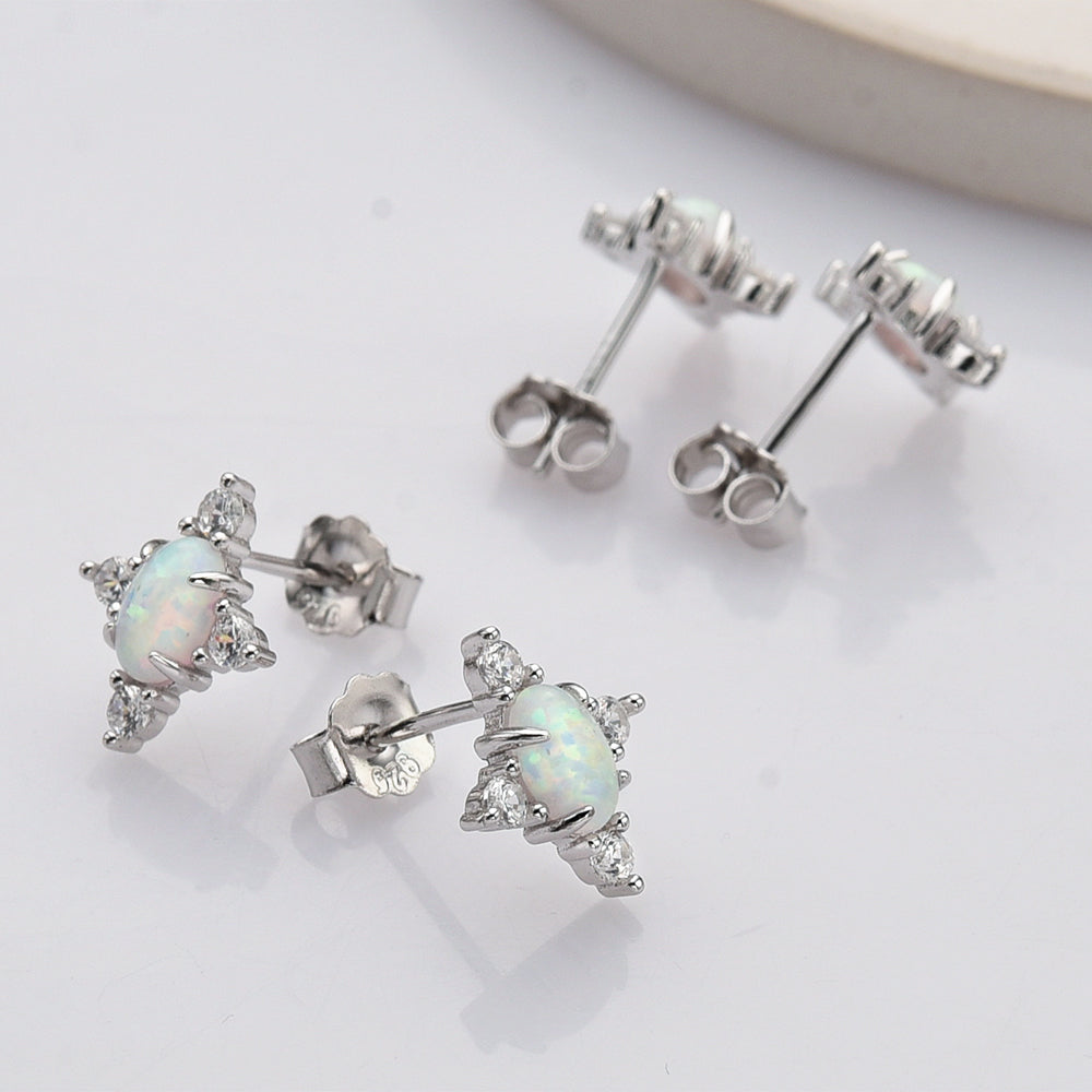 925 Sterling Silver Oval White Opal Stud Earrings, CZ Pave, Fashion Gemstone Earrings Jewelry SS290-3