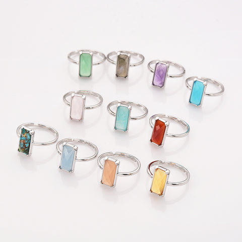 Silver Bezel Rectangle Multi Gemstone Faceted Statement Ring, Adjustable Crystals Rings ZS0532