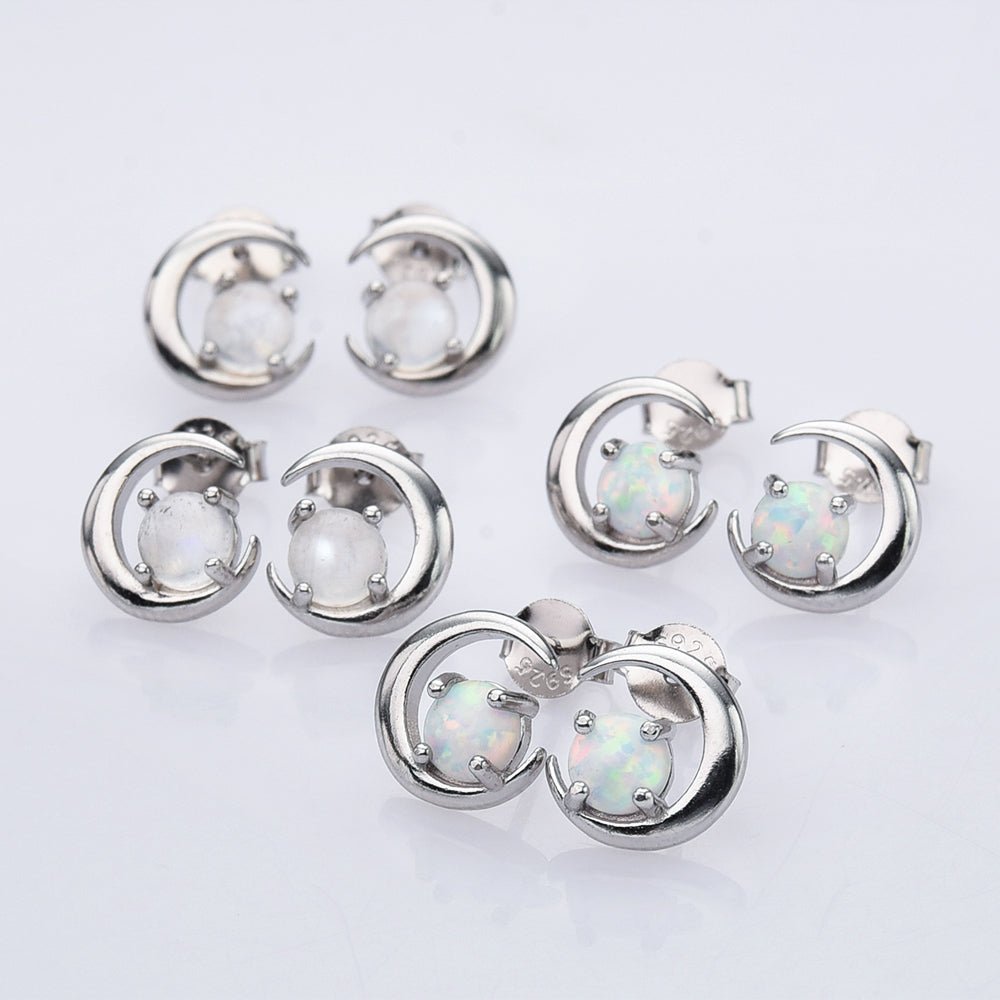 925 Sterling Silver White Opal Moonstone Crescent Moon Stud Earrings SS303