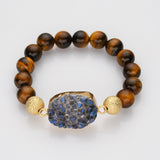 Gold Blue/Black Titanium Druzy & 10mm Tiger's Eye Beads Stretch Bracelet, Handmade Boho Jewelry AL677