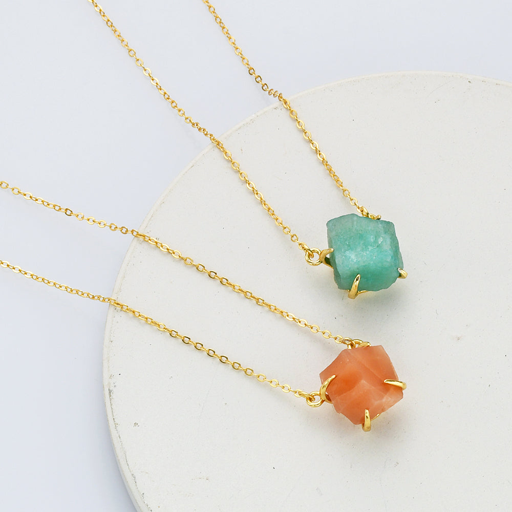 raw amazonite necklace, raw sunstone necklace 15.5" Gold Claw Raw Gemstone Necklace, S925 Sterling Silver Chain, Birthstone Necklace, Healing Crystal Stone Jewelry SS258