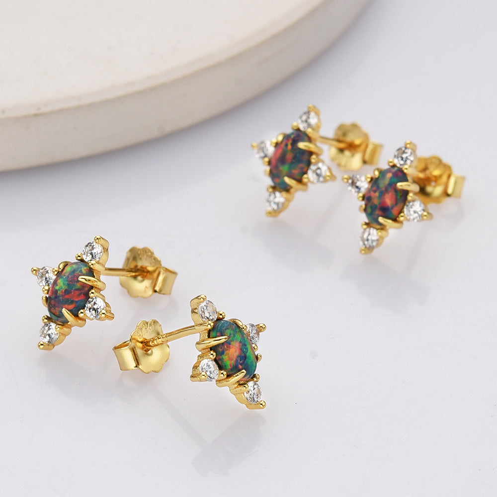 Gold Plated Oval Black Opal Stud Earrings, 925 Sterling Silver, CZ Jewelry Earrings SS289-1