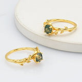 925 Sterling Silver Gold Round Natural Moss Agate Zircon Leaf Ring SS268-1