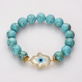 Gold CZ White Shell Evil Eye Hamsa Palm Stretch Bracelet, 10mm Blue Howlite Turquoise Beads, Boho Jewelry AL729