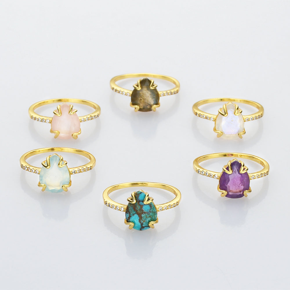 Teardrop Gold Multi Gemstone CZ Ring, Faceted Birthstone Ring, Healing Crystal Stone Ring, Simple Fashion Jewelry For Women SS257