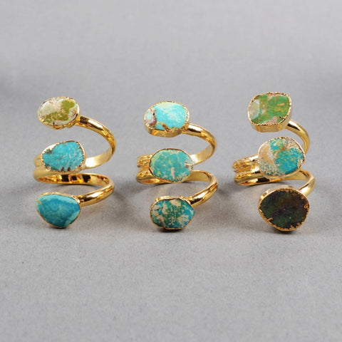 Gold Plated Three Turquoise Ring, Adjustable, Genuine Turquoise Gemstone Jewelry Ring G0280